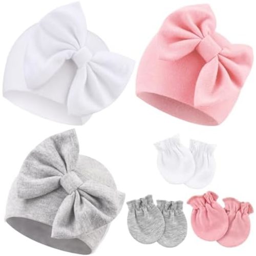 Newborn Baby Hats and Mittens Set Infant Bow Beanie Cap Toddler Gloves Newborn Hospital Hats for Baby Boy Girl Kid 0-6 Months