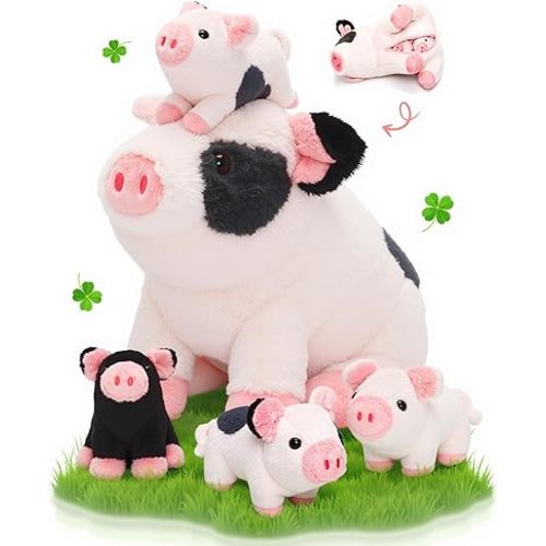 OUOZZZ 11" Pig Stuffed Animals with Babies Inside, 5-in-1 Plush Pig Toys with 4 Babies in Zippered Tummy, 3 Year Old Birthday Gifts for Girls Boys Kids Toddler