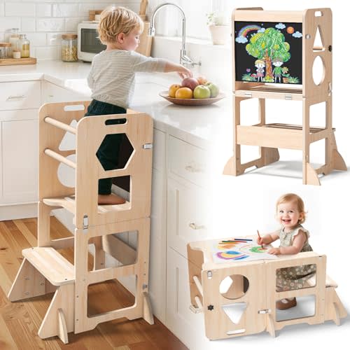 Woodure 4-in-1 Toddler Kitchen Step Stool, Foldable Learning Standing Tower with Blackboard, Wooden Kitchen Stool Helper for Kids, 1-3 Year Old Boy Girl Gifts