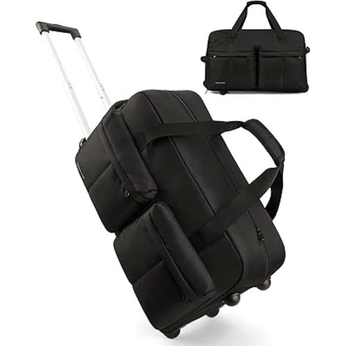 BAGSMART 42L Rolling Duffle Bag with Wheels, Carry On Bag Duffel Bag for Travel, Wet Pocket Duffle with Wheels and Handle, Black, 42L