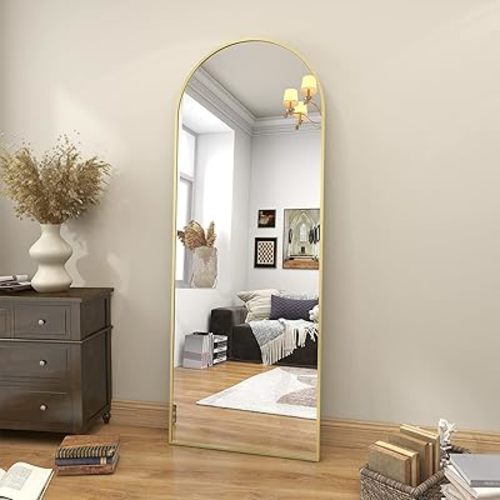 BEAUTYPEAK 64"x21" Arch Floor Mirror, Full Length Wall Hanging or Leaning Arched-Top Full Body Mirror with Stand for Bedroom, Dressing Room, Gold