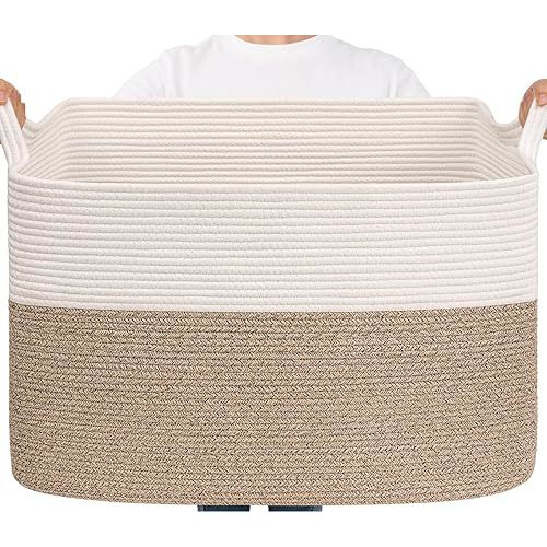 Goodpick Extra Large Rectangle Woven Basket, 25"x16"x16" Cotton, White & Brown