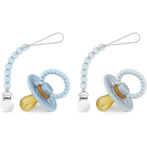 Luladream Pacifier and Clip Set - Natural Rubber Nipple - Soft Teething Handle - for Infants Baby's and Toddlers, 0-18 Months (Sky Blue + Ash Blue + Clips)