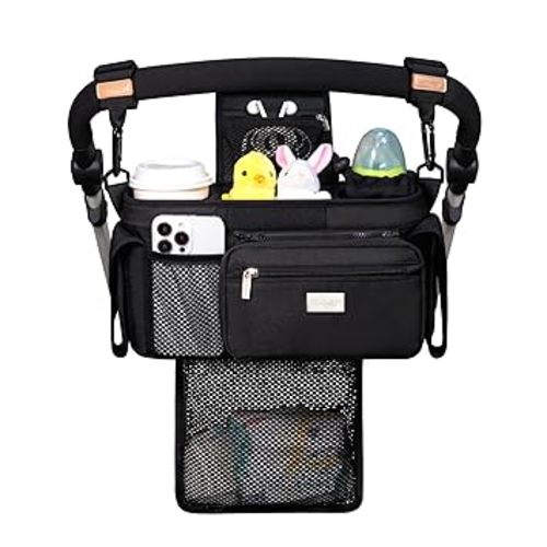 TOPDesign Universal Baby Stroller Organizer, Stroller Caddy with Detachable Mesh Bag & Heightened Insulated Cup Holders & Non-Slip Secure Hooks Accessories, Fits Most Strollers (Black)