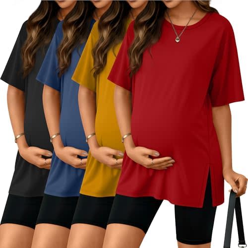 Riyiper 4 Pack Women's Maternity T Shirts, Short Sleeve Split Side Pregnancy Tee Loose Casual Crewneck Maternity Clothes