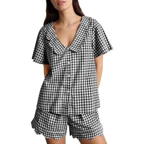 Kissonic Womens Gingham Pajama Set 2 Piece Scalloped Edge Plaid Babydoll Pjs Short Sleeve Cotton Sleepwear Lounge Set