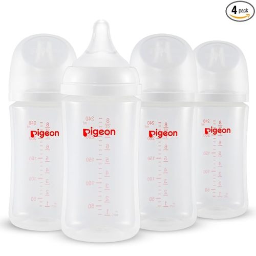 Pigeon PP Nursing Bottle Wide Neck, Anti-Colic, Streamlined Body, Natural Feel, Easy to Clean, 8.1 Oz(Pack of 4), Includes 4pcs M Nipples (3m+)