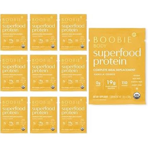 Boobie Body Superfood Protein Shake for Moms, Pregnancy and Lactation Support Protein Powder to Increase Milk Supply, Probiotics, Organic, Dairy-Free, Gluten-Free Vegan Vanilla Cookie Single Srv 10pk