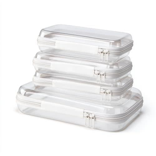 4 pcs Clear Hard Shell Zipper Case, White | Water-Resistant, Travel Makeup Bag, Diaper Bag Organizer Pouches, Clear Toiletry Bags