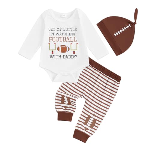 Ysfanwuxi Newborn Baby Boy Football Outfit Get My Bottle I'm Watching Football with Daddy Romper Pants Set Hat Fall Clothes