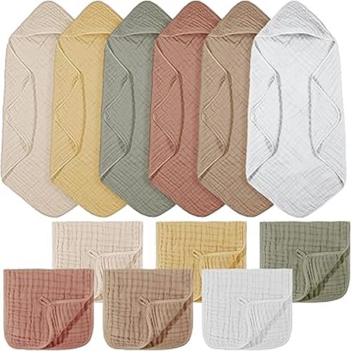 VitalCozy 12 Pcs Baby Muslin Hooded Bath Towels and Washcloths Muslin Cotton Hooded Baby Towels Absorbent Blankets for Gift Newborn Infant Shower (32 x 32 Inch,Earthy Tones)