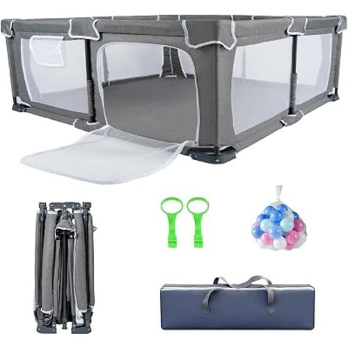 Foldable Baby Playpen,PlayPens for Babies and Toddlers，Indoor Outdoor Safety Play Area, Portable Child Activity Large Collapsible Play Yard，Folding Fence (Cationic Fabric-Grey, 59"x71")