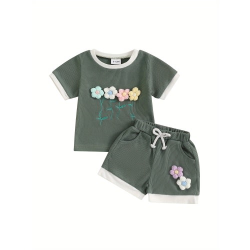 9-12mths Toddler Girl Summer Waffled Clothes 3D Flower Short Sleeve Round Neck Tops Elastic Waist Shorts Outfit, for Outdoor