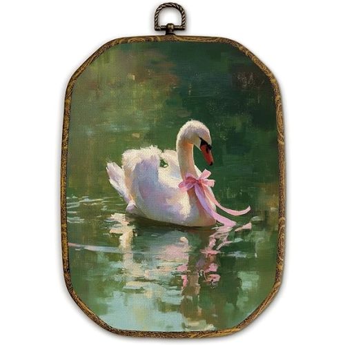 Yjeslw Vintage Swan Octagon Wall Art Decor, Elegant Pink Bow Swan on Pond Framed Canvas Prints, Cottagecore Animal Wall Hanging Decorations for Girly Nursery Room Bedroom Home Decor, 10.2x7 Inches