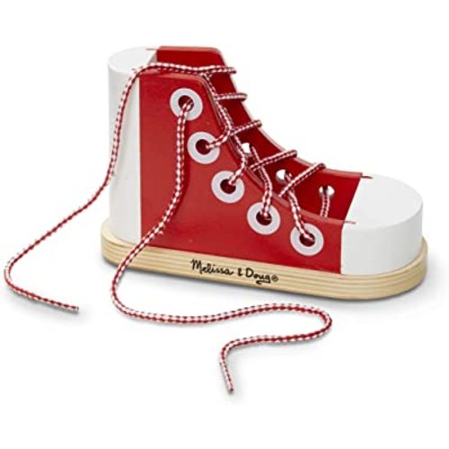Melissa & Doug Deluxe Wood Lacing Sneaker - Learn to Tie a Shoe Educational Toy - Shoe Tying Practice For Kids, Developmental Toys For Preschoolers And Toddlers,Red