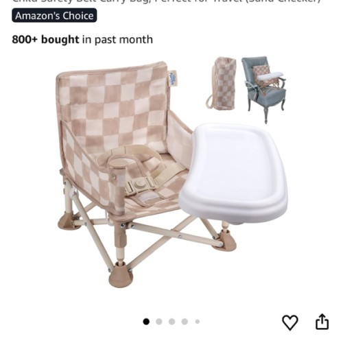 Tiny Marvels Portable 3-in-1 Baby Chair, Cozy Booster Seat, Baby Seat with Tray, Compact Foldable, Toddler Chair with Child Safety Belt Carry Bag, Perfect for Travel (Sand Checker)