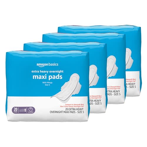 Amazon Basics Thick Maxi Pads with Wings for Periods, Feminine Pads with Leakage Protection, Extra Heavy Overnight Absorbency, Unscented, Size 5, 80 Count (4 Packs of 20) (Previously Solimo)