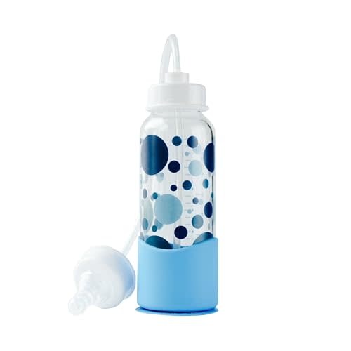 Hands-Free Baby Bottle - Anti-Colic Nursing System 7 oz Glass Baby Bottle with Fast Flow Nipple/Teat 3m+ with Tube Straw Feeding System for Toddler (1 Bottle - Blue)