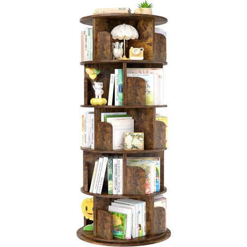 Aheaplus Rotating Bookshelf, 360 Display Wood Spinning Bookshelf Tower, 5 Tier Floor Standing Bookcase Storage Rack, Revolving Bookcase Corner Bookshelfs for Small Space, Study, Bed Room, Rustic Brown