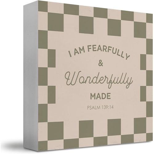 Christian Wooden Box Sign, Christian Gifts for Women, I Am Fearfully and Wonderfully Made Green Checkered Religious Wood Block Box for Home Bedroom Office Desk Shelf Table Decor, 5x5 Inch