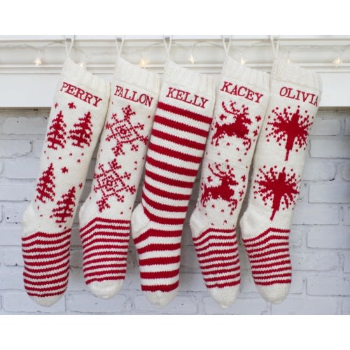 Personalized Christmas Stockings Hand Knit Wool Stockings White With Red Accents