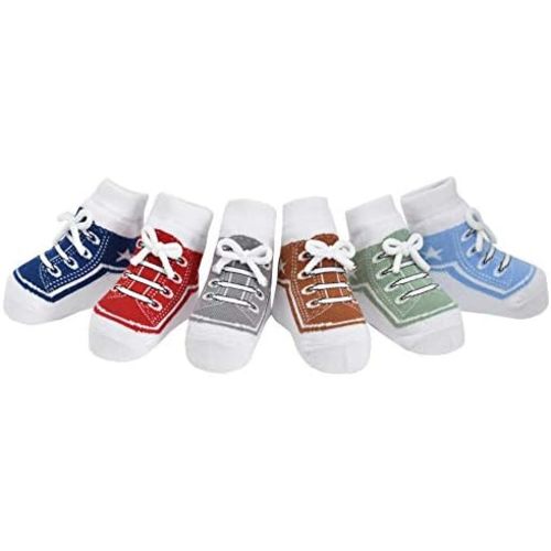 Baby Boy Socks with Sneaker Shoe Look-Non-slip Gripper Soles-3 or 6 Pairs-Cotton-Gift Packaged-Baby Shower-Faux Shoelaces