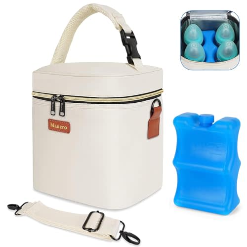 Mancro Breastmilk Cooler Bag for Travel, Fits 4 Baby Bottles Up to 9 Ounce | Baby Bottle bag with Ice Pack, Insulation Breast Milk Cooler Travel with Detachable Shoulder Strap, Cream
