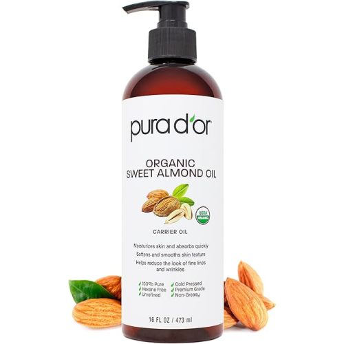 PURA D'OR 16 Oz ORGANIC Sweet Almond Oil - 100% Pure & Natural USDA Certified Cold Pressed Carrier Oil For DIY Beauty - Non-Greasy, Unscented, Hexane Free Moisturizer - Massage Oil For Hair & Skin