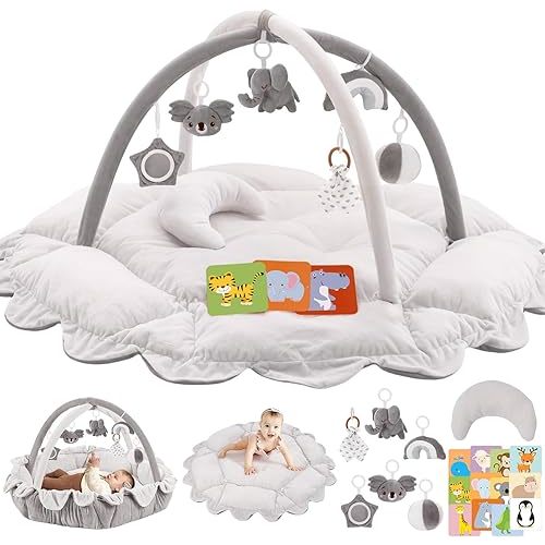 5-in-1 Plush Baby Play Gym, Tummy time mat, Play Mat, Baby Gym, Activity Mat with Convertible Gym and Pillow, 6 Sensory Toys, Play Center from Newborn to Toddler, Grey