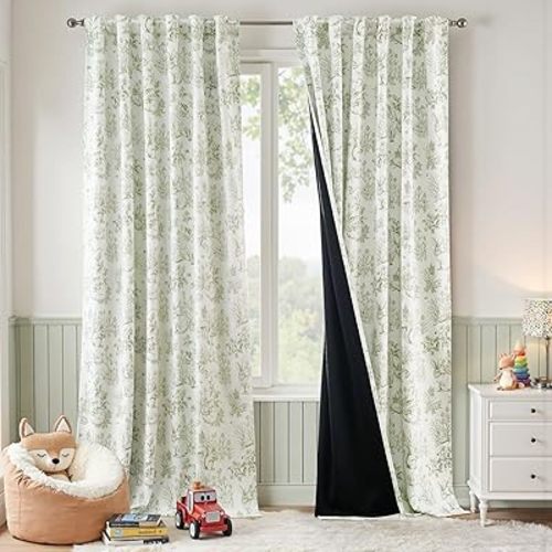 jinchan Woodland Blackout Curtains for Kids Bedroom Nursery Whimsical Cottagecore Bunny Botanical Room Darkening Drapes Green on Beige Farmhouse Nature-Inspired Decor 96 Inch Back Tab 2 Panels