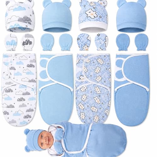 Ramede 4 Pack Baby Swaddle Blanket 0-3 Months with Hats and Mittens Set, Soft Cotton Newborn Swaddles for Boys Girls, Adjustable Infant Sack, Gifts for Baby Shower(0-3 Months,Simple Style)