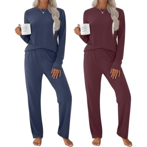 2 Pack Maternity Nursing Pajamas Set Breastfeeding Long Sleeve Postpartum Lounge Sleepwear for Women 2 Top 2 Pant