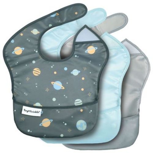 Tiny Twinkle Mess-Proof and Waterproof Baby Food Bib for Boys or Girls, Machine Washable and BPA-Free w/Adjustable Closure (3-Pack, Space)