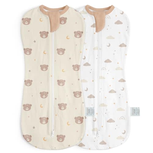 Baby Swaddle 0-2 Months, Cotton Arm-In Zipper Sleep Sack, Wearable Blankets Wrap for Newborn Infant Girls, Boys (Bear, Star Moon, Pack of 2)