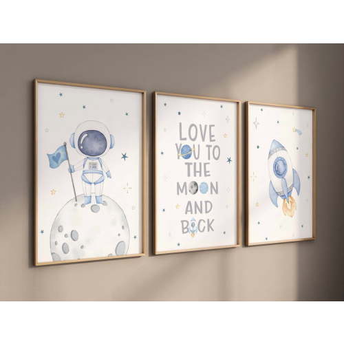 UNFFRAMED Luvia Space Nursery Wall Art Set of 3, Astronaut Planet Prints, Outer Space Baby Boy Room Decor Set 3 Prints 16x24