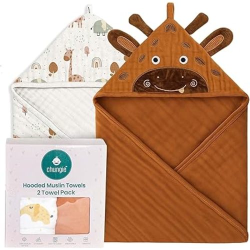 Chungie Soft Muslin Hooded Baby Towels – 100% Cotton, 6-Layer Breathable Newborn Bath Towels with Hood, Pack of 2 (Printed + Embroidered, 32x32 inches)