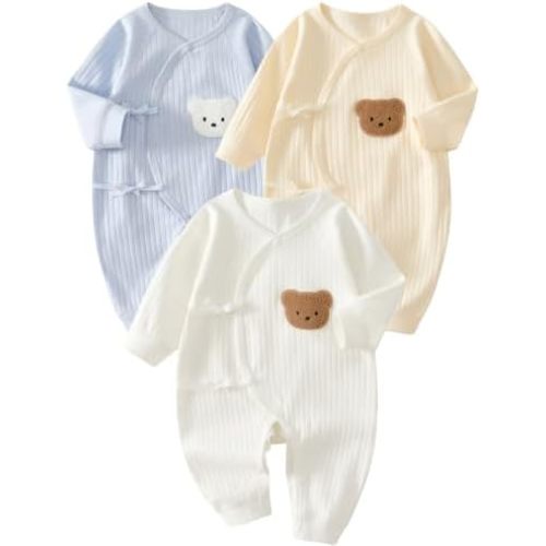 3-Pack Baby Boys Girls Clothes, 100% Cotton Infant Newborn Outfit Cute Bear Ribbed Knit Long Sleeve Button Romper