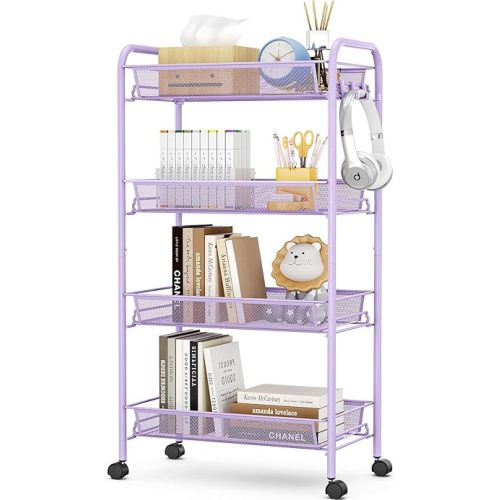 TOOLF 4-Tier Rolling Cart, Metal Utility Cart with 3 Hooks, Easy Assemble Mobile Storage Trolley On Wheels, Metal Shelving Units Kitchen Bathroom Laundry Room