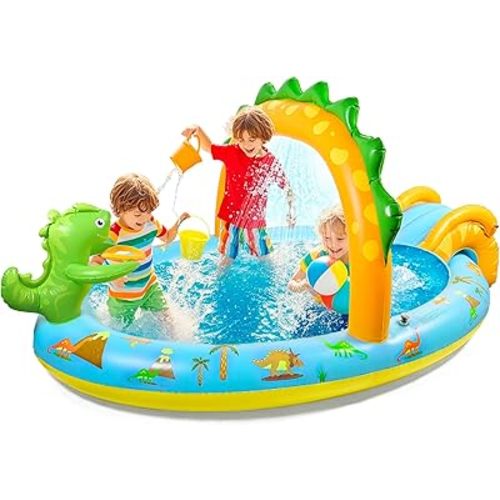 Dinosaurs Inflatable Play Center Kiddie Pool with Slide and Sprinkler for Children, 96''x59''x39'' Baby Pool for Backyard and Garden