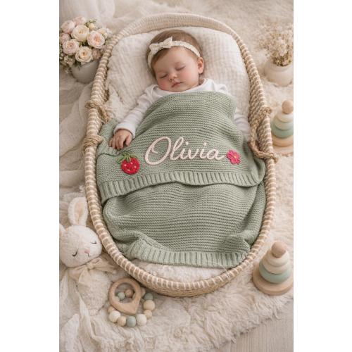 Personalized Embroidered Cotton Knit Baby Blanket, Keepsake Nursery Gift