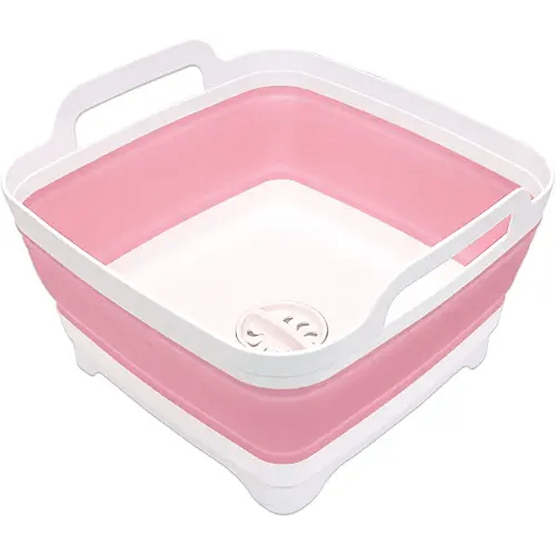 2.4 Gal(9L) Collapsible Dish Basin with Drain Plug, Space Saving Outdoor Multiuse Foldable Sink Tub, Dishpan, Kitchen Storage Tray for Camping, Vegetable Washing, RV (Pink)