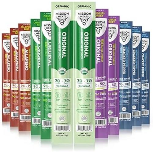 Mission Meats Variety Pack with Certified Organic Beef, Grass Fed, Free Range Turkey, and Cracked Pepper Pork – Gluten & Sugar Free, Whole 30 & Paleo Friendly, Delicious and Family Friendly (12 Count)