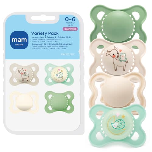 MAM Variety Pack Baby Pacifier, Includes 3 Types of Pacifiers, Nipple Shape is Developed with Dentists, 0-6 Months, Unisex, 4 Count (Pack of 1)