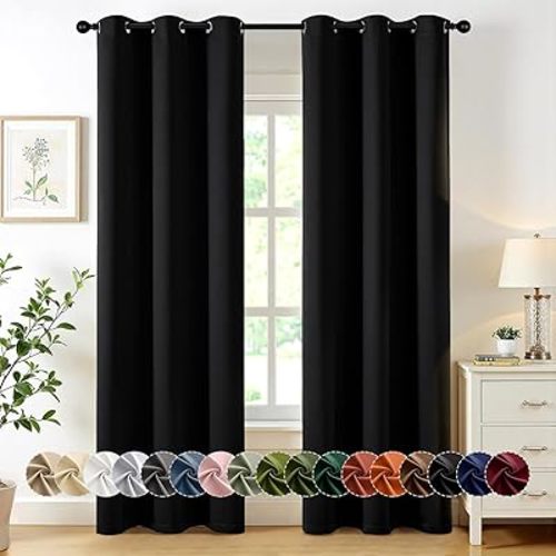 MIULEE Black Blackout Curtains for Bedroom Living Room 84 Inches Long 2 Panels, Thermal Insulated Room Darkening Drapes Solid Grommet Top Noise Reduction Light Blocking Halloween Window Treatments
