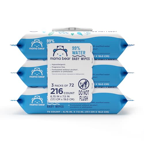 Amazon Brand - Mama Bear 99% Water Baby Wipes, Hypoallergenic, Fragrance Free, 216 Count Total (3 Packs of 72 Wipes Each)