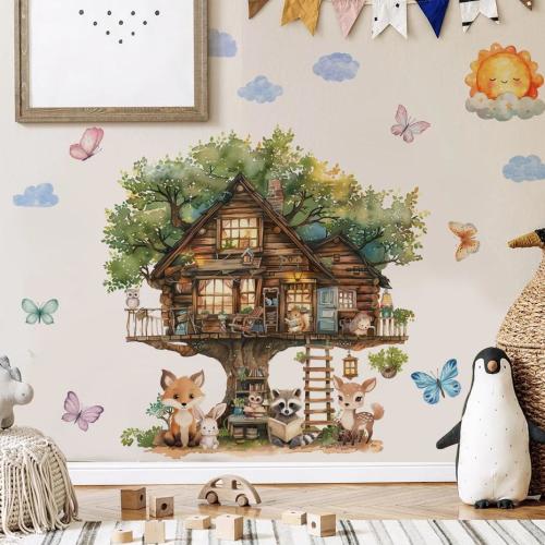 Woodland Tree House Wall Sticker, Wall Decal with Forest Animals – Nursery Wall Decal, Kids Room Wall Art, Peel and Stick Home Decor