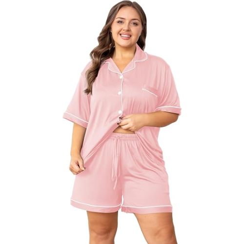 Vozanet Women's Plus Size Button Down Pajamas Soft Lounge Sets Shorts with Pockets Bride Nighty Solid Soft Pjs 1x to 5x