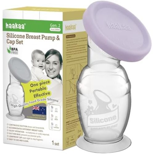 Haakaa Manual Silicone Breast Pump with Base 4oz/100ml+Lid(Lavender), Gen.2