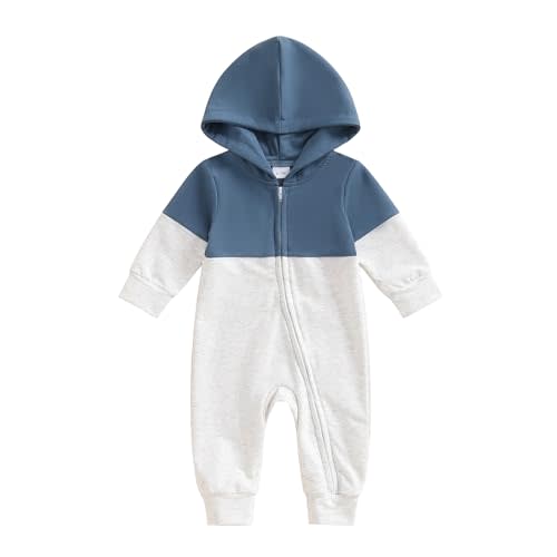 BemeyourBBs Newborn Baby Boy Clothes Color Block Hooded Romper Outfits | Baby Boy One Piece Outfit for Fall, Winter and Spring, Long Sleeve Hoodie Jumpsuit, Color Block Design, Soft, Skin-friendly