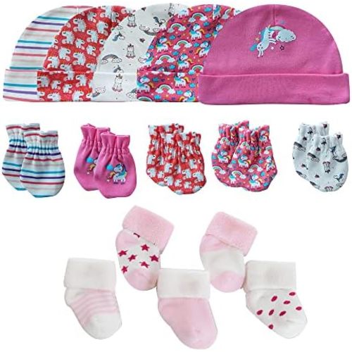 MAMIMAKA Newborn Baby Boy Girl Caps Mittens Socks Set Cotton Baby Essentials Accessories (Hats+Gloves+Socks)